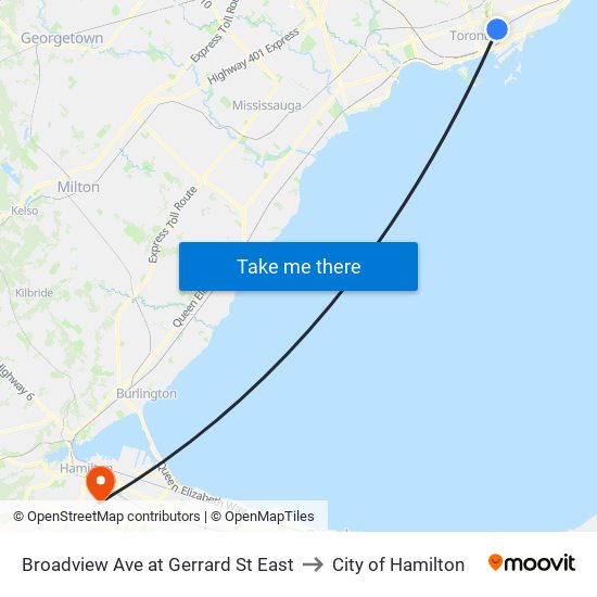 Broadview Ave at Gerrard St East to City of Hamilton map