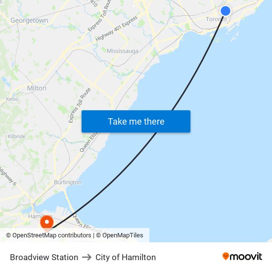 Broadview Station to City of Hamilton map