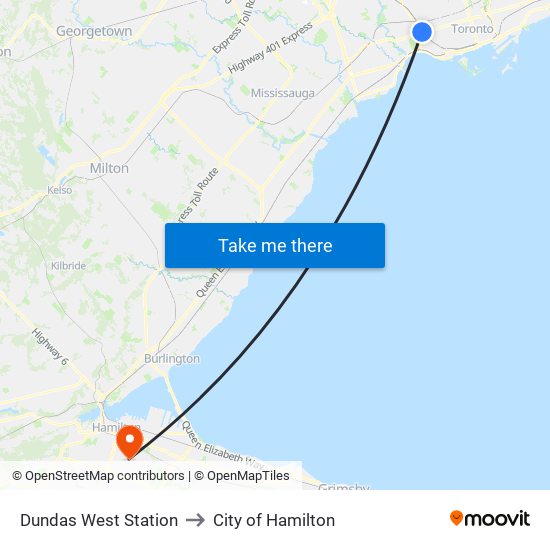 Dundas West Station to City of Hamilton map