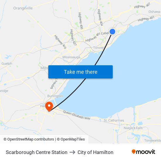 Scarborough Centre Station to City of Hamilton map