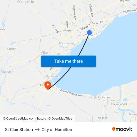 St Clair Station to City of Hamilton map