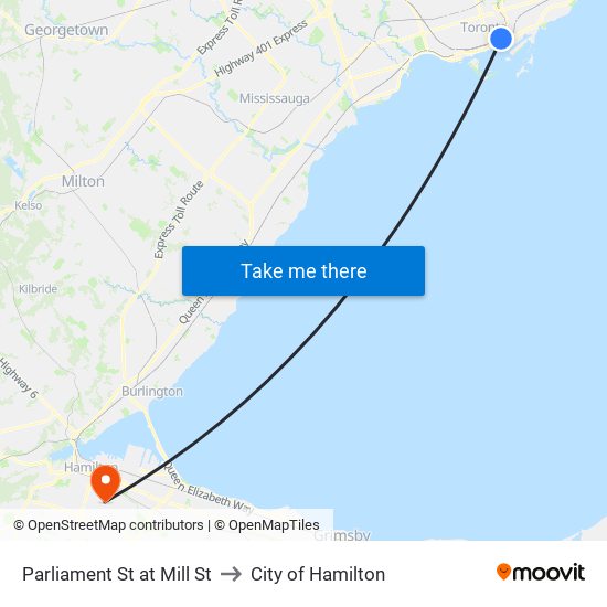 Parliament St at Mill St to City of Hamilton map