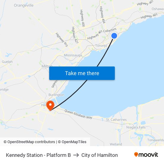 Kennedy Station - Platform B to City of Hamilton map