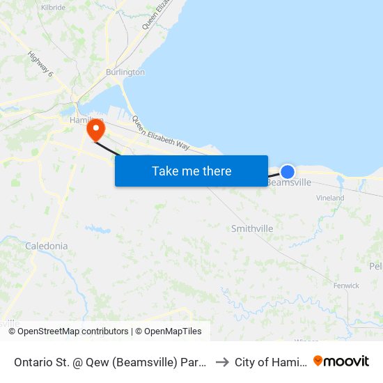 Ontario St. @ Qew (Beamsville) Park & Ride to City of Hamilton map