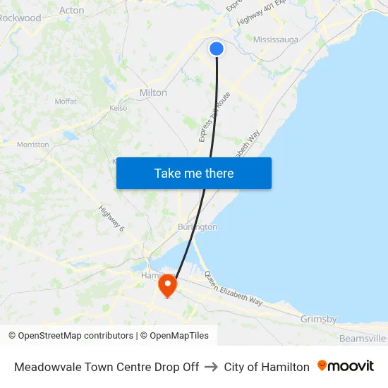 Meadowvale Town Centre Drop Off to City of Hamilton map