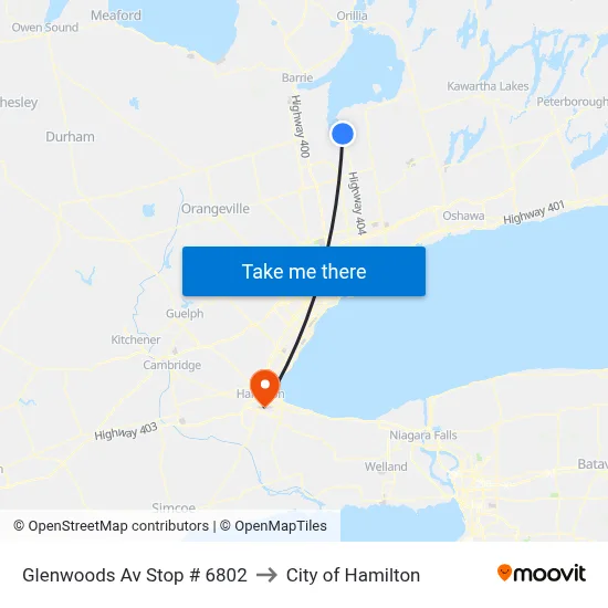 Glenwoods Av Stop # 6802 to City of Hamilton map