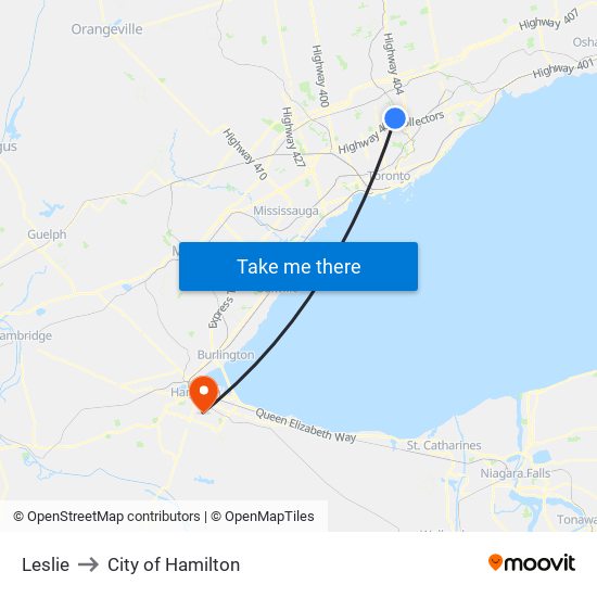 Leslie to City of Hamilton map