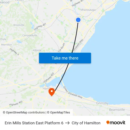 Erin Mills Station East Platform 6 to City of Hamilton map