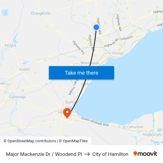 Major Mackenzie Dr / Woodend Pl to City of Hamilton map