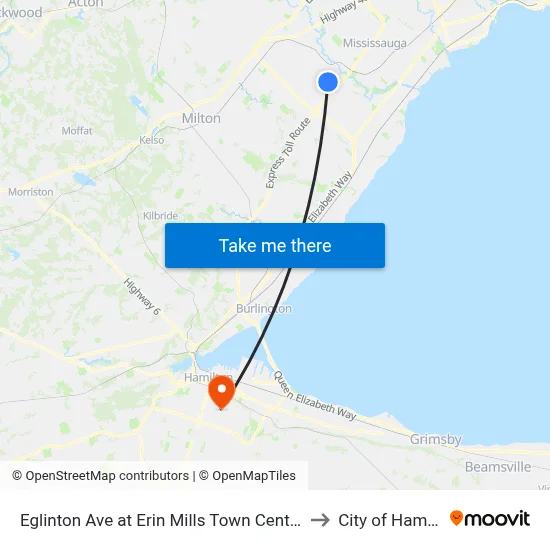 Eglinton Ave at Erin Mills Town Centre South to City of Hamilton map