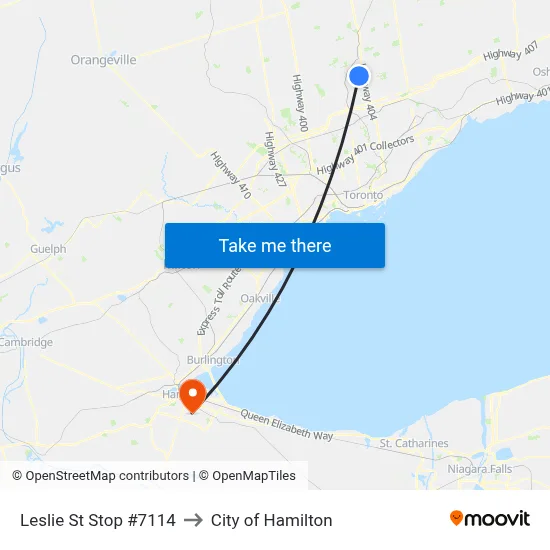 Leslie St Stop #7114 to City of Hamilton map
