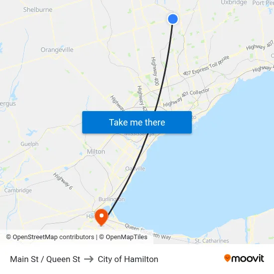 Main St / Queen St to City of Hamilton map