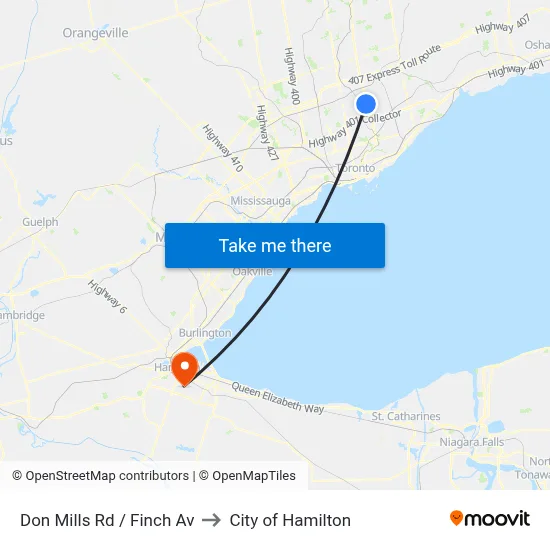 Don Mills Rd / Finch Av to City of Hamilton map