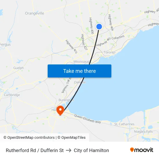 Rutherford Rd / Dufferin St to City of Hamilton map