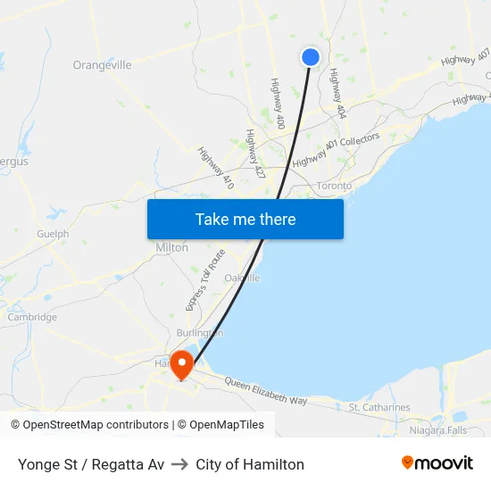 Yonge St / Regatta Av to City of Hamilton map