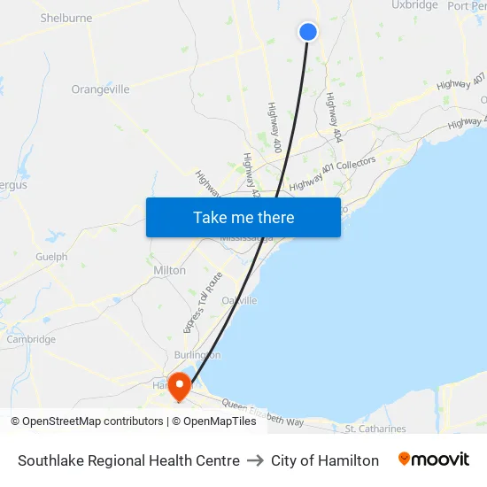 Southlake Regional Health Centre to City of Hamilton map