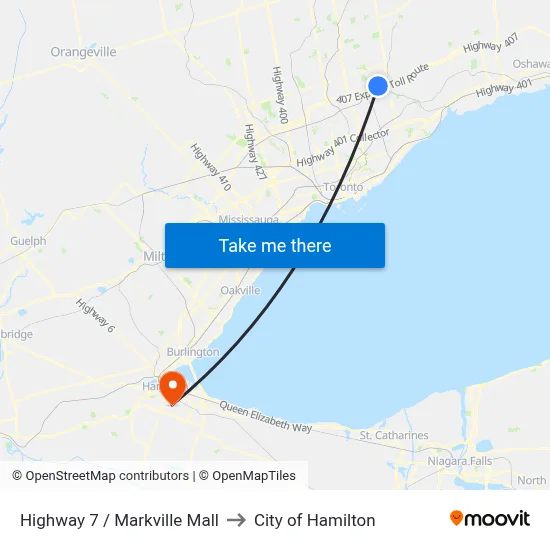 Highway 7 / Markville Mall to City of Hamilton map