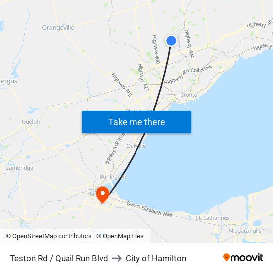 Teston Rd / Quail Run Blvd to City of Hamilton map