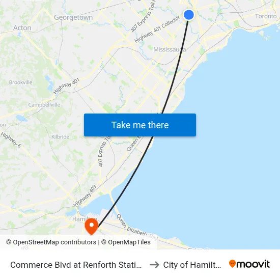 Commerce Blvd at Renforth Station to City of Hamilton map
