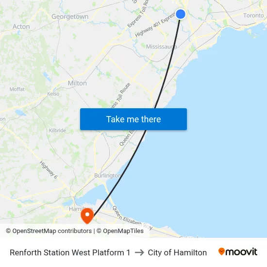 Renforth Station West Platform 1 to City of Hamilton map