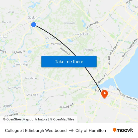 College at Edinburgh Westbound to City of Hamilton map