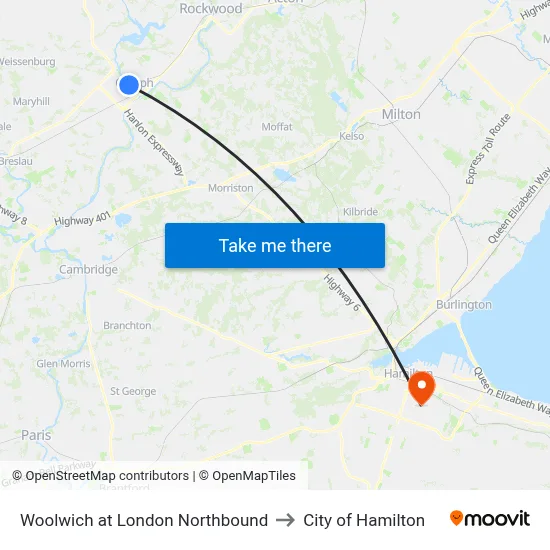 Woolwich at London Northbound to City of Hamilton map