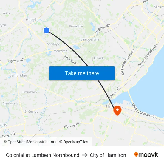 Colonial at Lambeth Northbound to City of Hamilton map