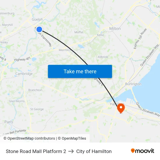 Stone Road Mall Platform 2 to City of Hamilton map