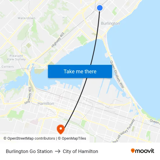 Burlington Go Station to City of Hamilton map