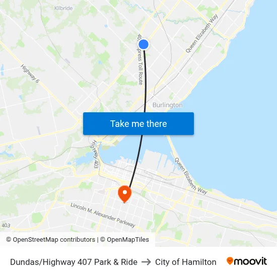 Dundas/Highway 407 Park & Ride to City of Hamilton map