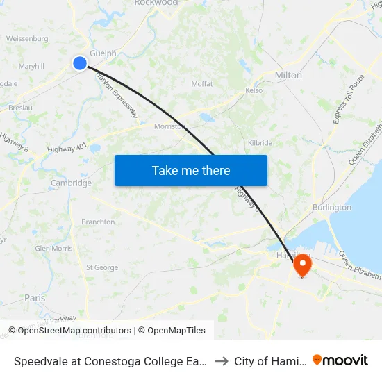 Speedvale at Conestoga College Eastbound to City of Hamilton map