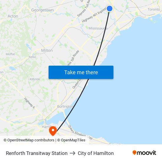 Renforth Transitway Station to City of Hamilton map