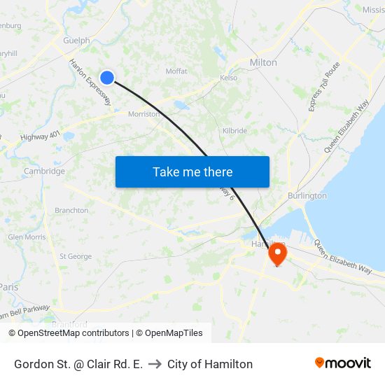 Gordon St. @ Clair Rd. E. to City of Hamilton map