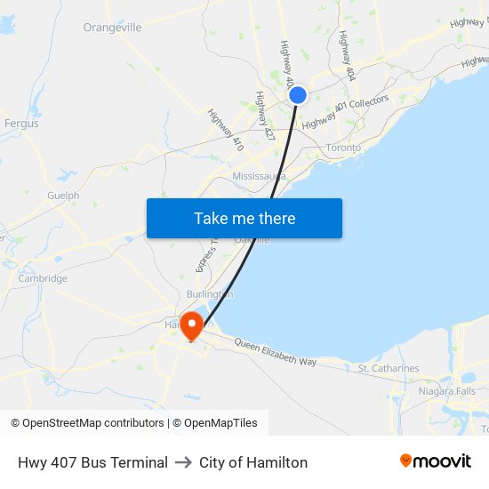 Hwy 407 Bus Terminal to City of Hamilton map