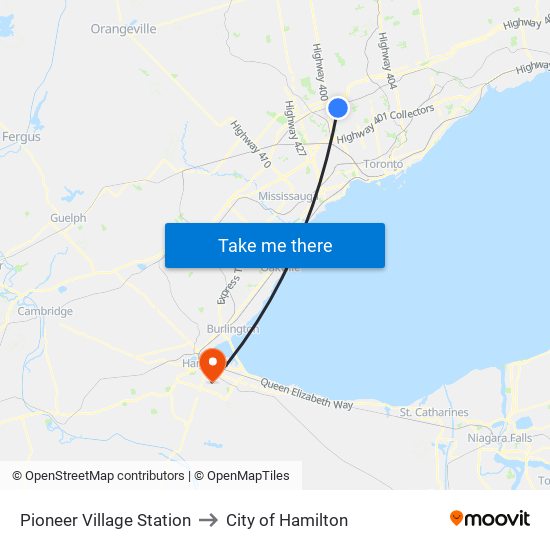 Pioneer Village Station to City of Hamilton map