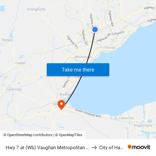 Hwy 7 at (Wb) Vaughan Metropolitan Centre Station to City of Hamilton map