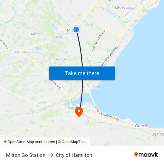 Milton Go Station to City of Hamilton map