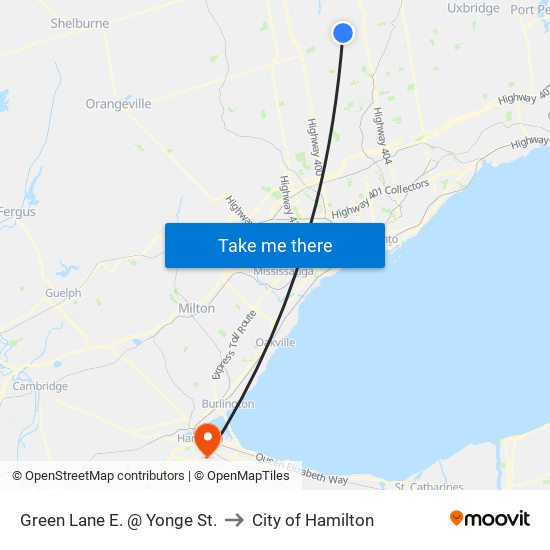 Green Lane E. @ Yonge St. to City of Hamilton map