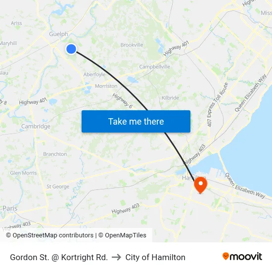 Gordon St. @ Kortright Rd. to City of Hamilton map