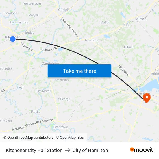 Kitchener City Hall Station to City of Hamilton map