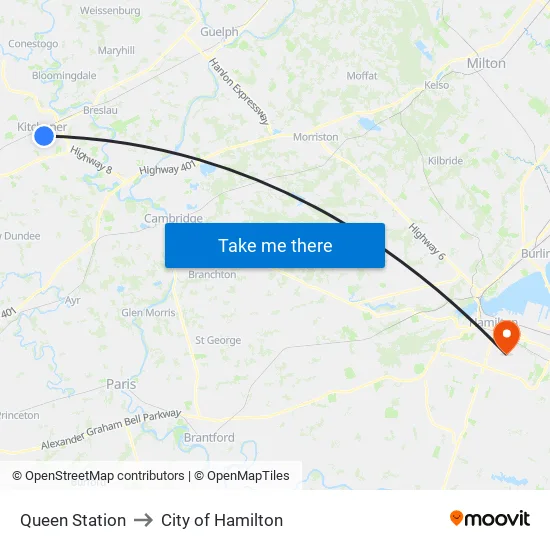 Queen Station to City of Hamilton map