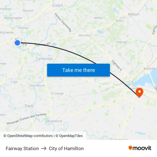 Fairway Station to City of Hamilton map