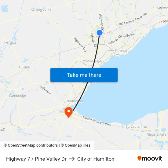 Highway 7 / Pine Valley Dr to City of Hamilton map