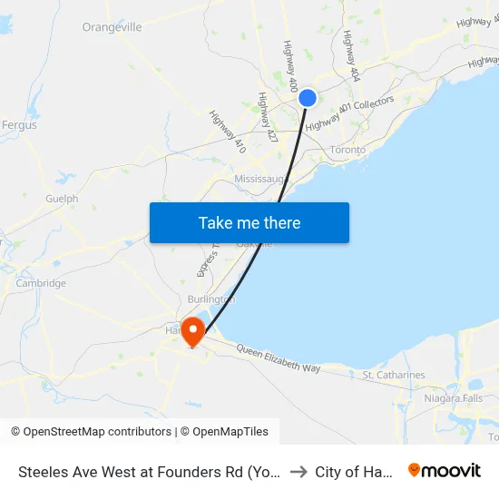 Steeles Ave West at Founders Rd (York University) to City of Hamilton map