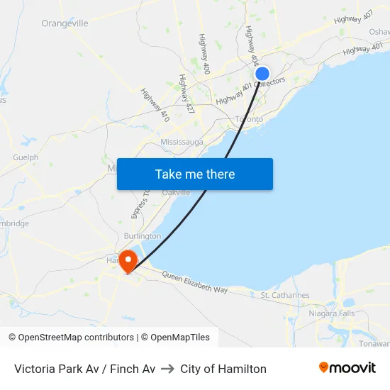 Victoria Park Av / Finch Av to City of Hamilton map