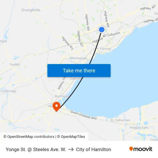 Yonge St. @ Steeles Ave. W. to City of Hamilton map