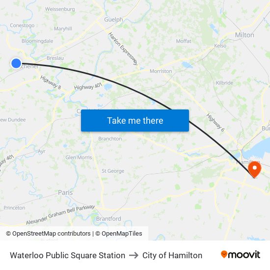 Waterloo Public Square Station to City of Hamilton map