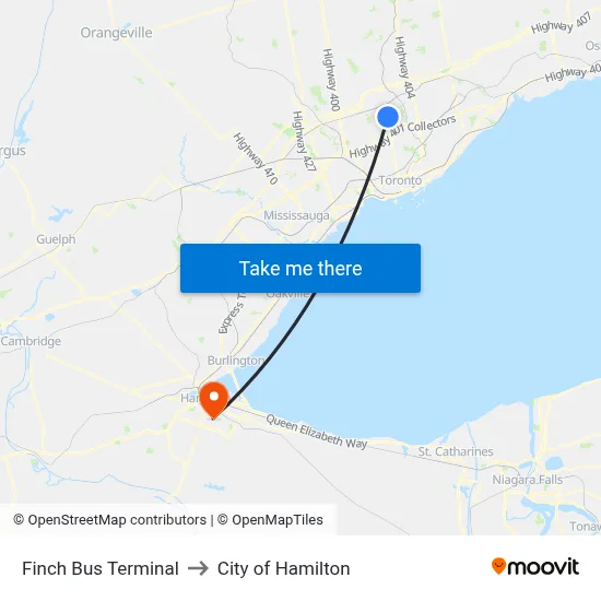 Finch Bus Terminal to City of Hamilton map