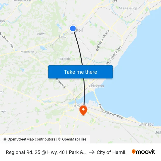 Regional Rd. 25 @ Hwy. 401 Park & Ride to City of Hamilton map