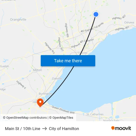 Main St / 10th Line to City of Hamilton map